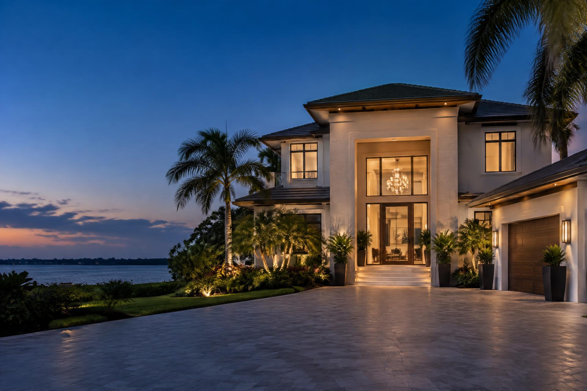 Contemporary Florida home illuminated at dusk